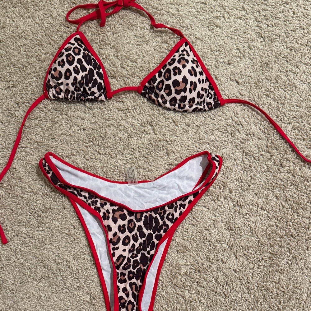 SHEIN Leopard Print Bikini with Red Trim